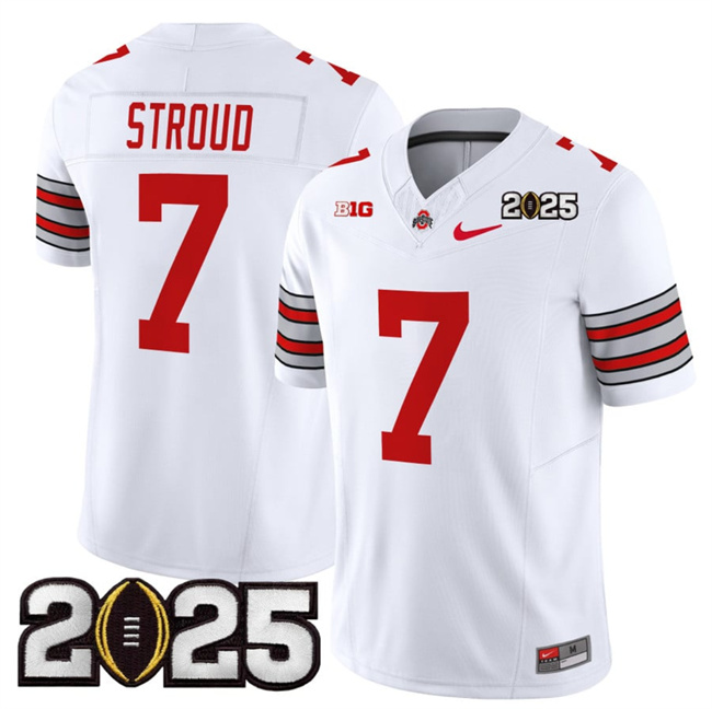 Men Ohio State Buckeyes 7 C.J. Stroud White 2025 CFP Final Patch F.U.S.E. Vapor Limited Stitched NCAA Jersey